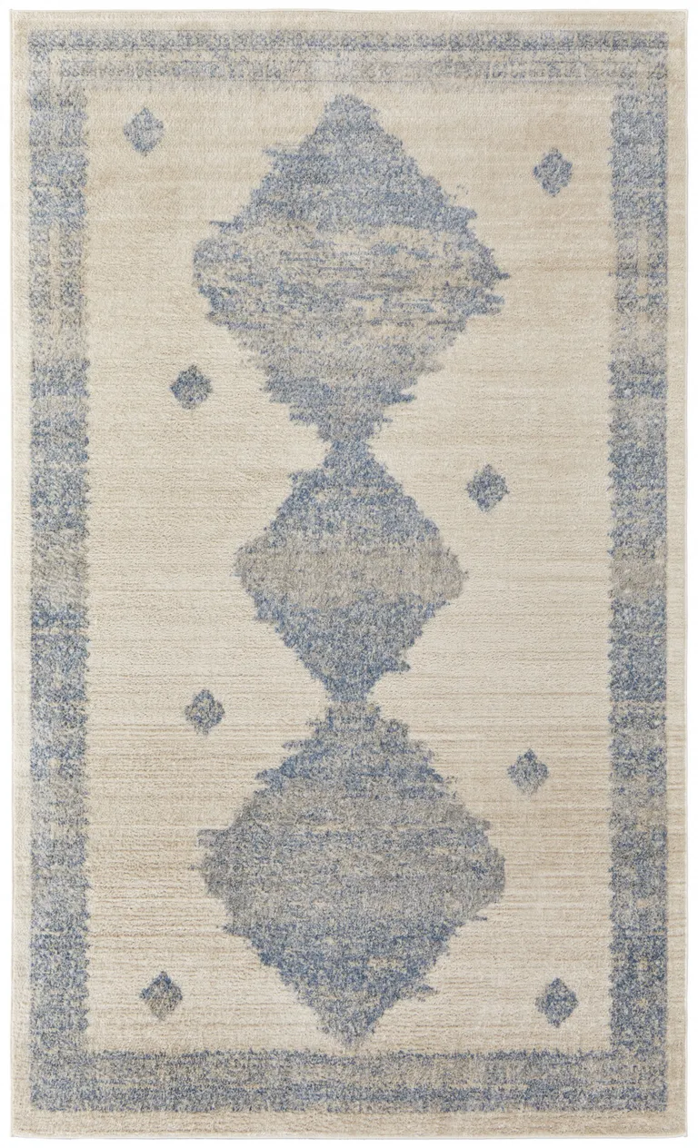 Blue And Ivory Geometric Power Loom Distressed Area Rug Photo 1