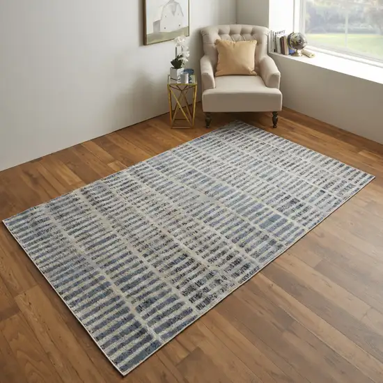 Blue And Ivory Geometric Power Loom Distressed Area Rug Photo 5