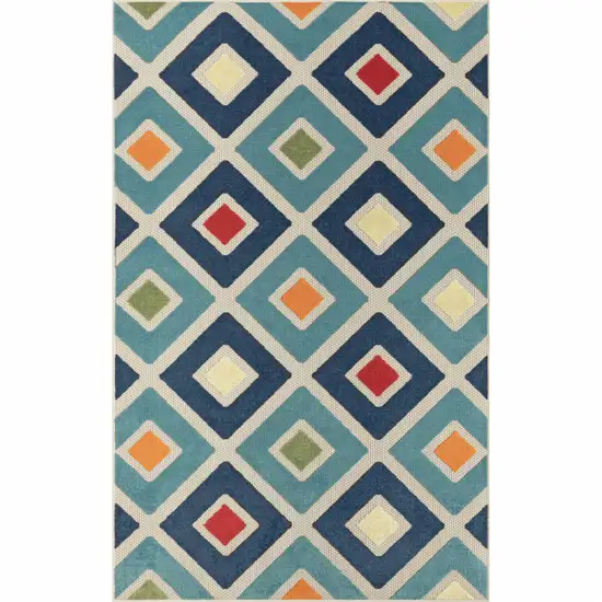 Blue And Ivory Geometric Stain Resistant Indoor Outdoor Area Rug Photo 1