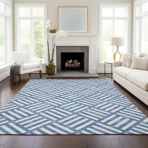 Photo of Blue And Ivory Geometric Washable Indoor Outdoor Area Rug