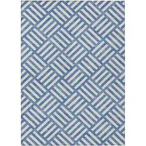 Photo of Blue And Ivory Geometric Washable Indoor Outdoor Area Rug