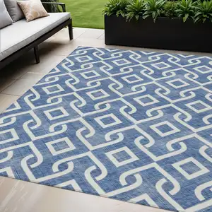 Photo of Blue And Ivory Geometric Washable Indoor Outdoor Area Rug