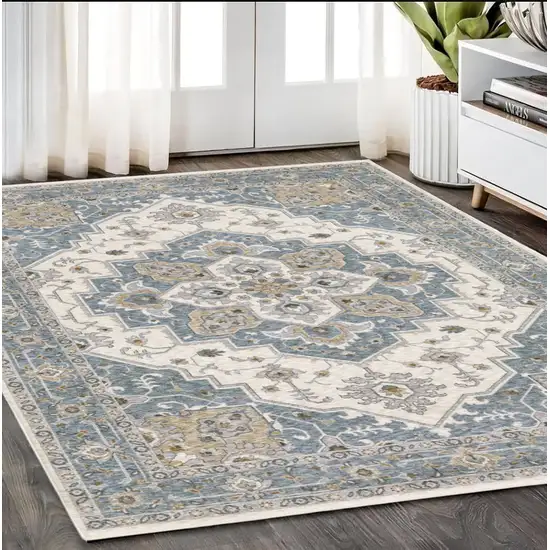 Blue And Ivory Medallion Distressed Area Rug With Fringe Photo 1