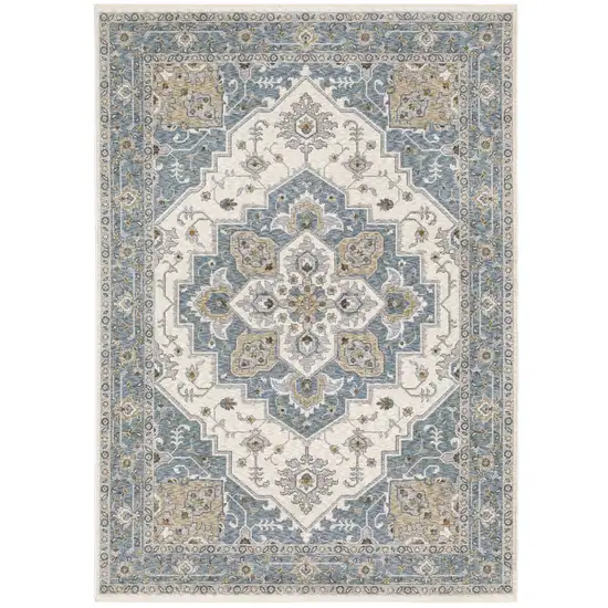 Blue And Ivory Medallion Distressed Area Rug With Fringe Photo 6