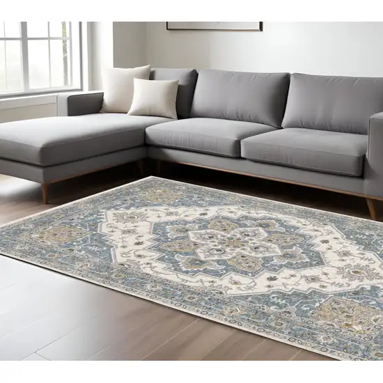 Blue And Ivory Medallion Distressed Area Rug With Fringe Photo 1