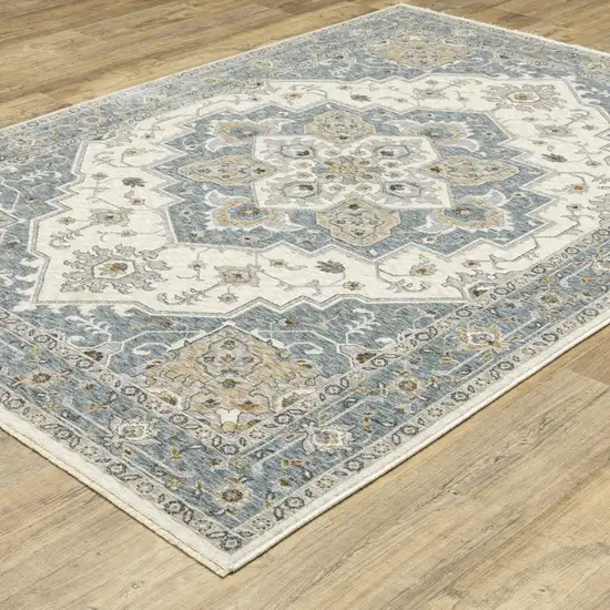 Blue And Ivory Medallion Distressed Area Rug With Fringe Photo 8