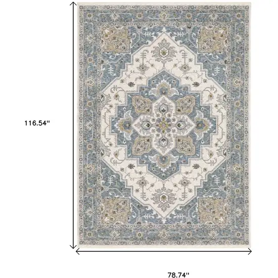 Blue And Ivory Medallion Distressed Area Rug With Fringe Photo 3