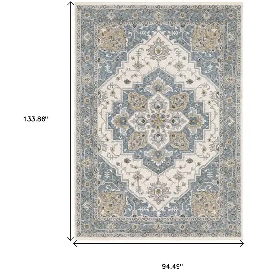 Blue And Ivory Medallion Distressed Area Rug With Fringe Photo 3