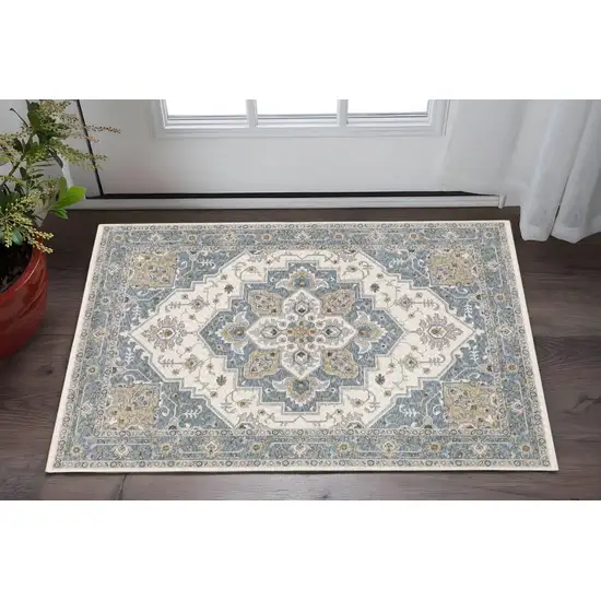 Blue And Ivory Medallion Distressed Area Rug With Fringe Photo 1