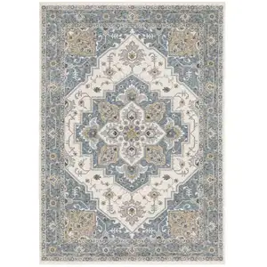 Photo of Blue And Ivory Medallion Distressed Area Rug With Fringe