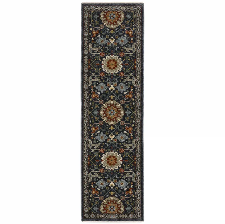 Blue And Ivory Oriental Power Loom Runner Rug With Fringe Photo 1