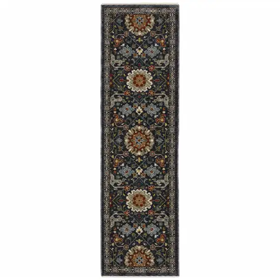 Blue And Ivory Oriental Power Loom Runner Rug With Fringe Photo 1