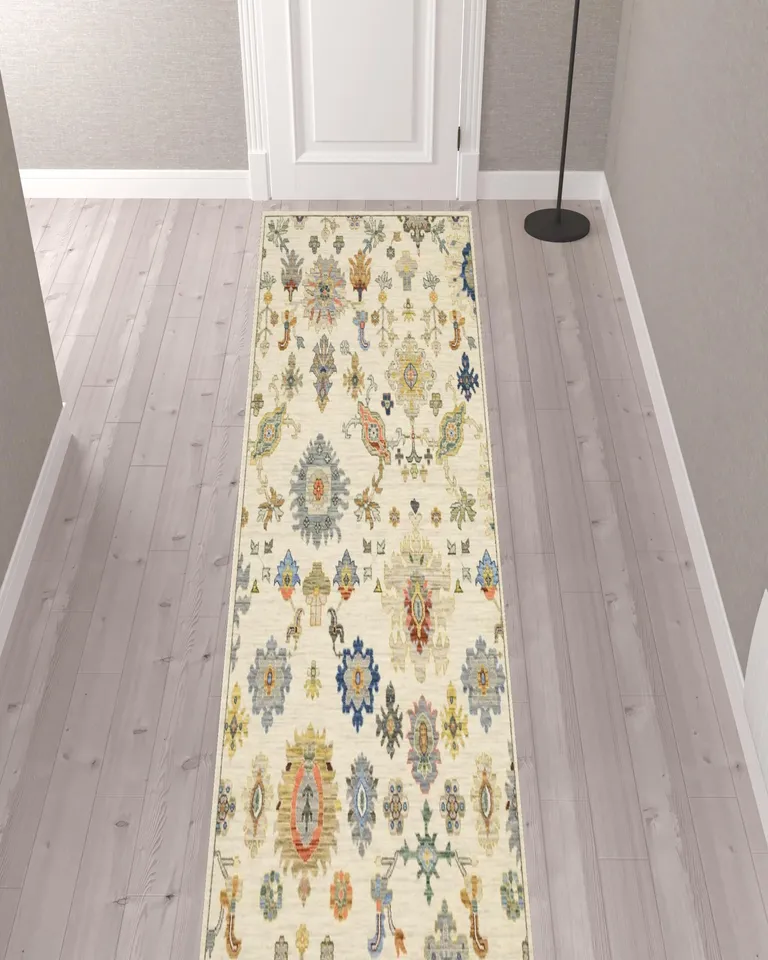 Blue And Ivory Oriental Power Loom Runner Rug With Fringe Photo 2