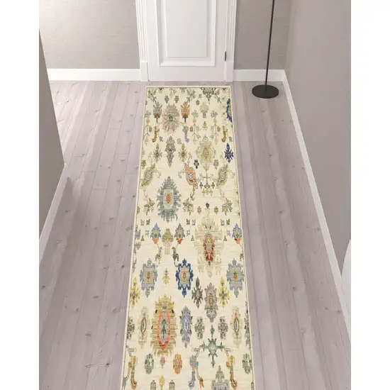 Blue And Ivory Oriental Power Loom Runner Rug With Fringe Photo 2