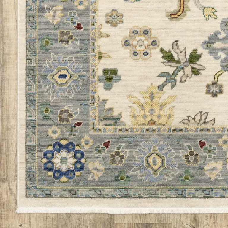 Blue And Ivory Oriental Power Loom Runner Rug With Fringe Photo 1