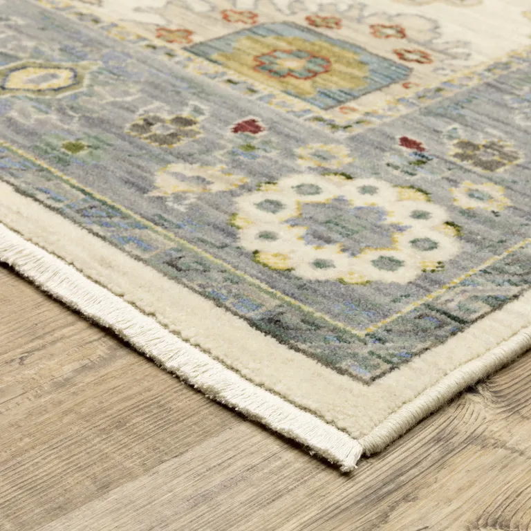 Blue And Ivory Oriental Power Loom Runner Rug With Fringe Photo 4