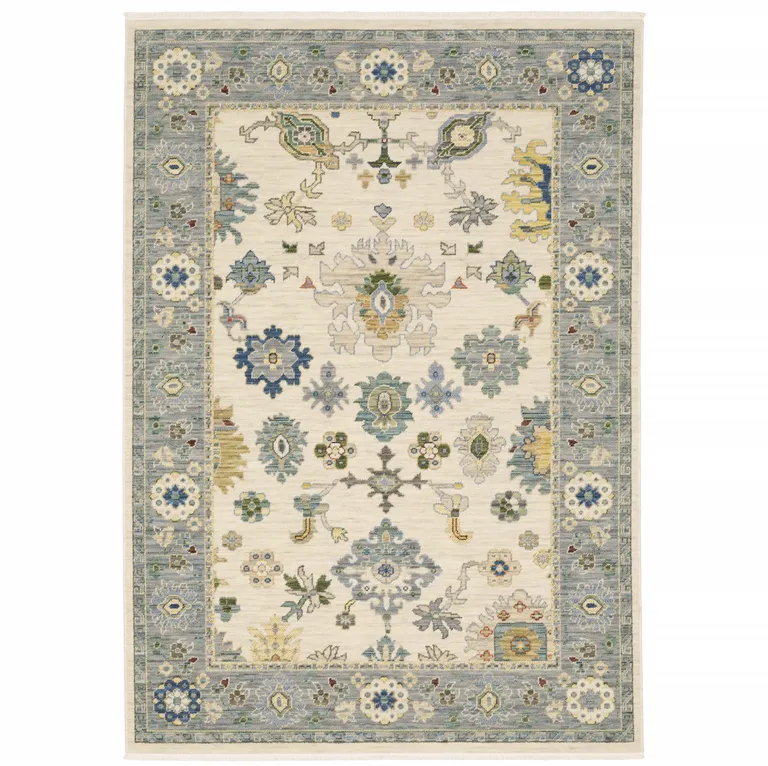 Blue And Ivory Oriental Power Loom Runner Rug With Fringe Photo 2