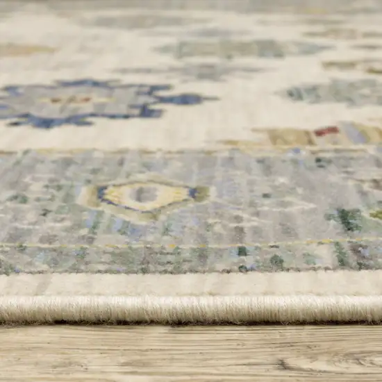 Blue And Ivory Oriental Power Loom Runner Rug With Fringe Photo 8