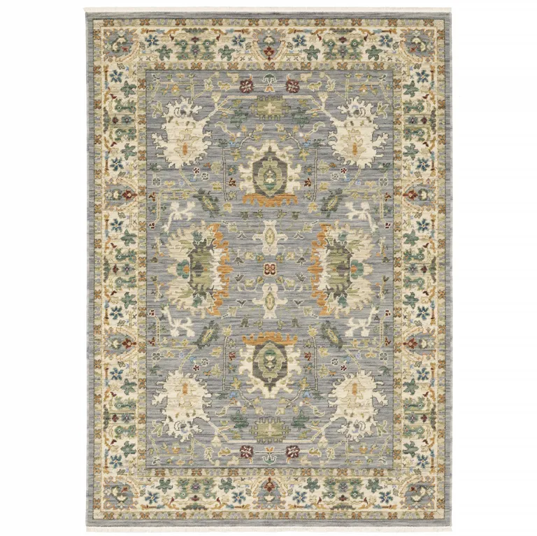 Blue And Ivory Oriental Power Loom Stain Resistant Area Rug With Fringe Photo 1