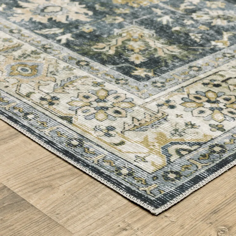 Blue And Ivory Oriental Printed Non Skid Area Rug Photo 5