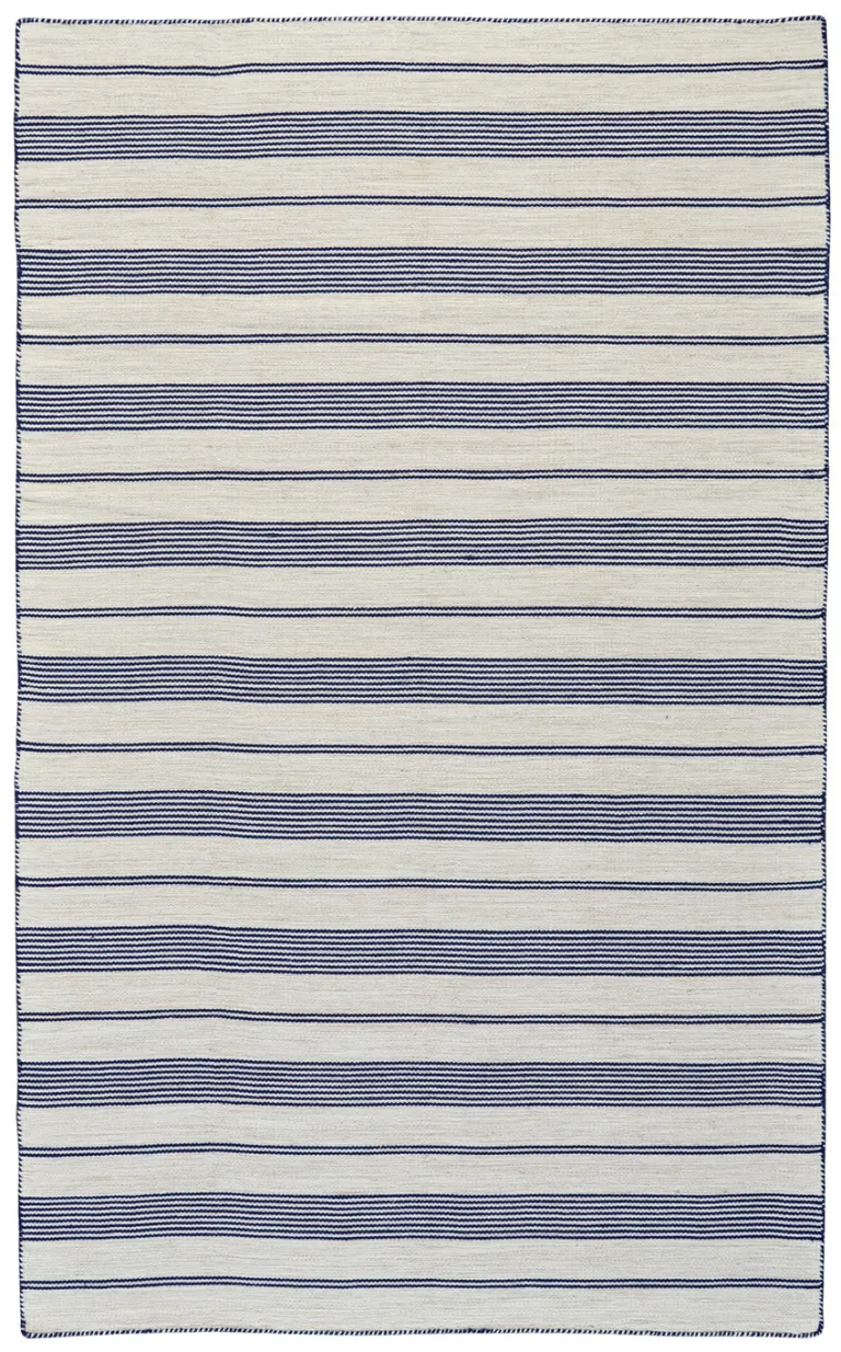 Blue And Ivory Striped Dhurrie Hand Woven Stain Resistant Area Rug Photo 1