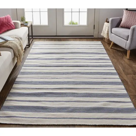 Blue And Ivory Striped Dhurrie Hand Woven Stain Resistant Area Rug Photo 7