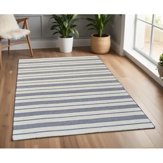 Blue and Ivory Striped Hand Woven Area Rug Photo 1