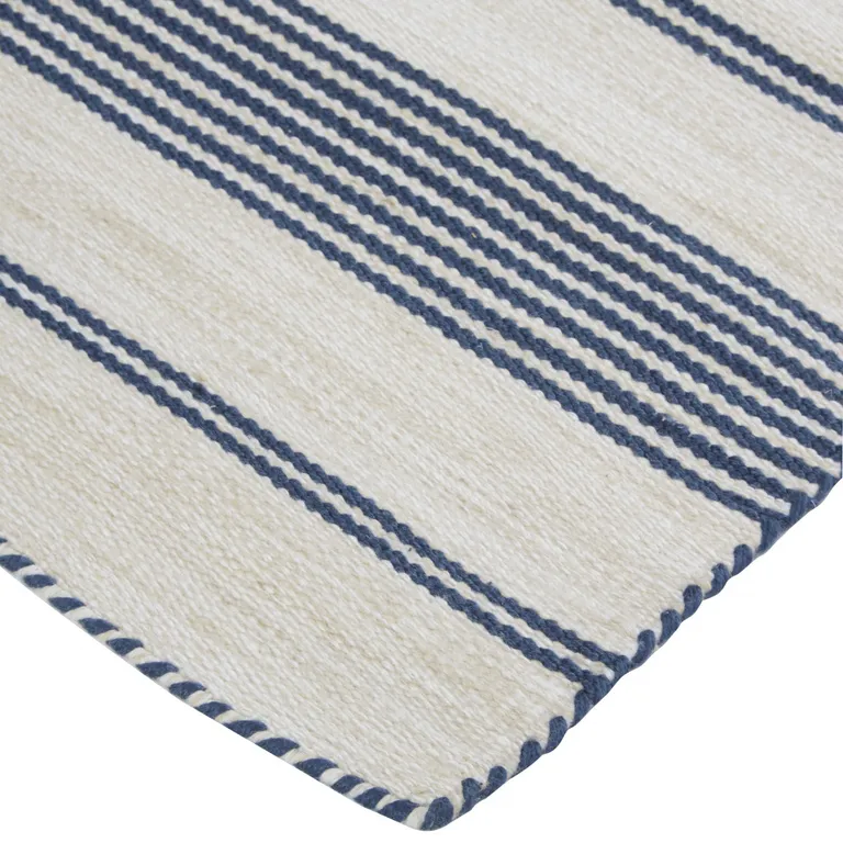 Blue And Ivory Striped Dhurrie Hand Woven Stain Resistant Area Rug Photo 3