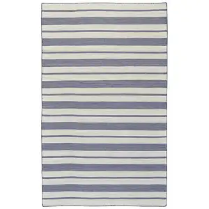 Photo of Blue And Ivory Striped Dhurrie Hand Woven Stain Resistant Area Rug