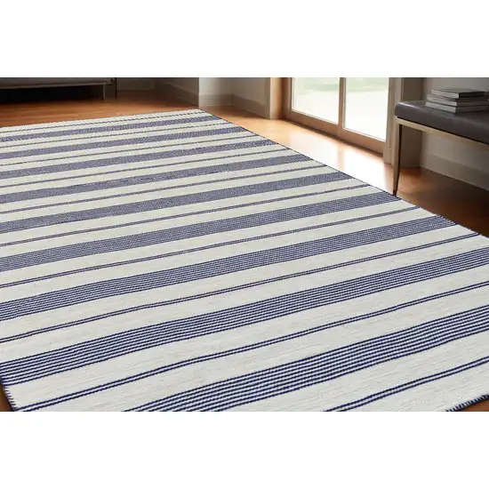 Blue And Ivory Striped Dhurrie Hand Woven Stain Resistant Area Rug Photo 1