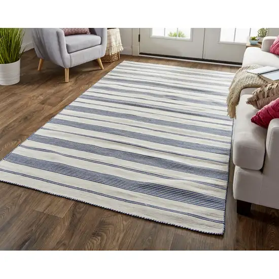 Blue And Ivory Striped Dhurrie Hand Woven Stain Resistant Area Rug Photo 6