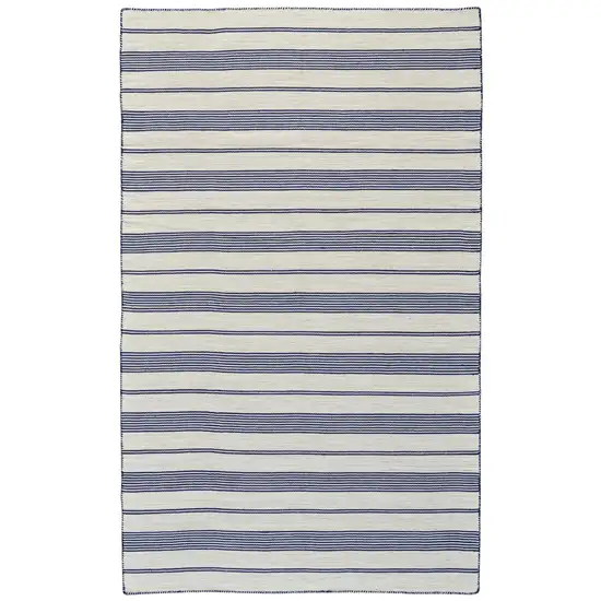 Blue And Ivory Striped Dhurrie Hand Woven Stain Resistant Area Rug Photo 1