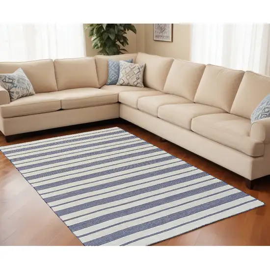 Blue And Ivory Striped Dhurrie Hand Woven Stain Resistant Area Rug Photo 1