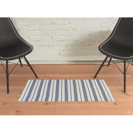 Blue And Ivory Striped Dhurrie Hand Woven Stain Resistant Area Rug Photo 2