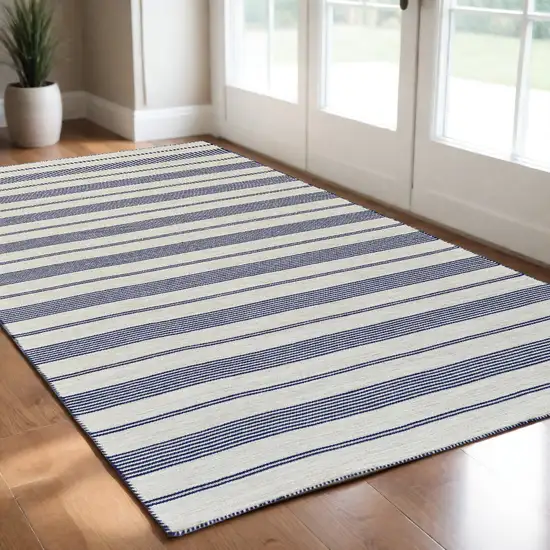 Blue And Ivory Striped Dhurrie Hand Woven Stain Resistant Area Rug Photo 1