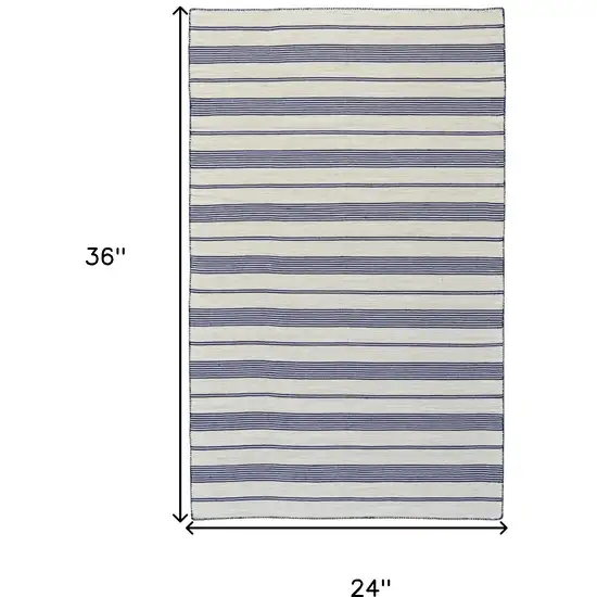 Blue And Ivory Striped Dhurrie Hand Woven Stain Resistant Area Rug Photo 10