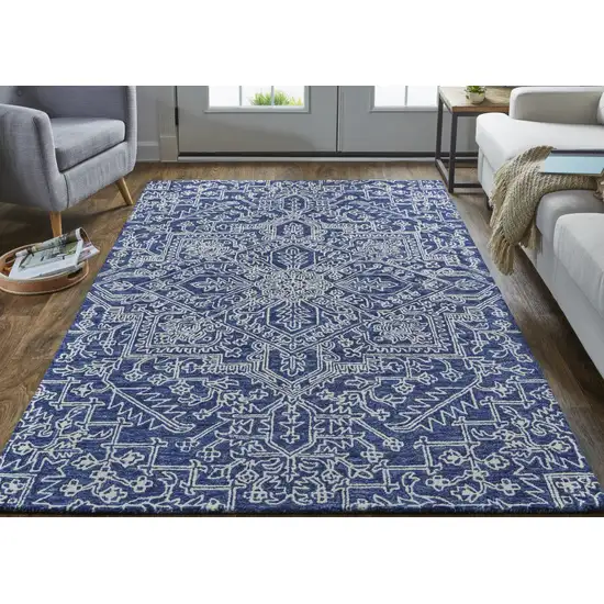 Blue And Ivory Wool Floral Tufted Handmade Stain Resistant Area Rug Photo 7