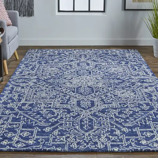 Blue And Ivory Wool Floral Tufted Handmade Stain Resistant Area Rug Photo 8