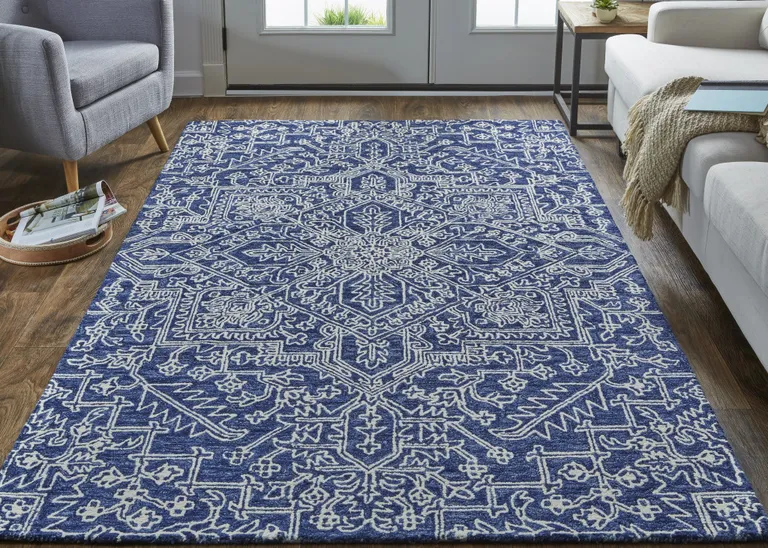 Blue And Ivory Wool Floral Tufted Handmade Stain Resistant Area Rug Photo 3