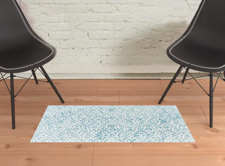 Blue And Ivory Wool Geometric Tufted Handmade Area Rug Photo 2