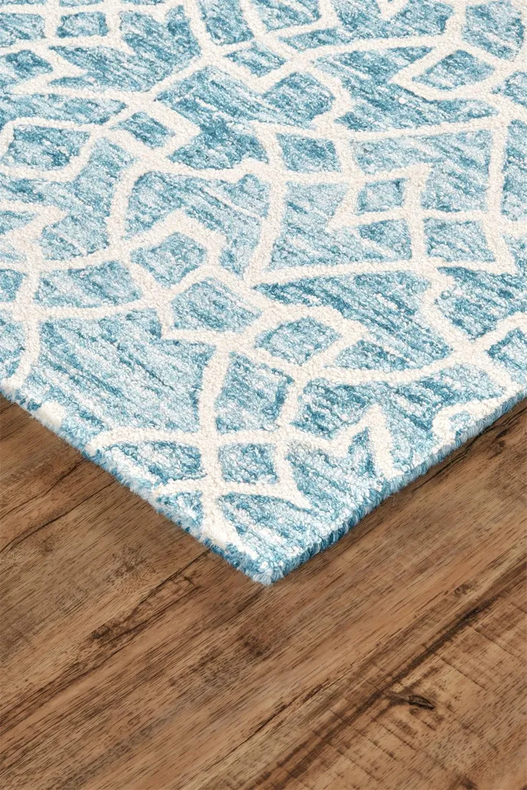 Blue And Ivory Wool Geometric Tufted Handmade Stain Resistant Area Rug Photo 2