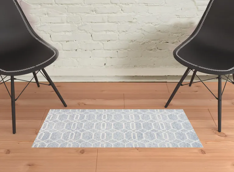 Blue And Ivory Wool Geometric Tufted Handmade Stain Resistant Area Rug Photo 2