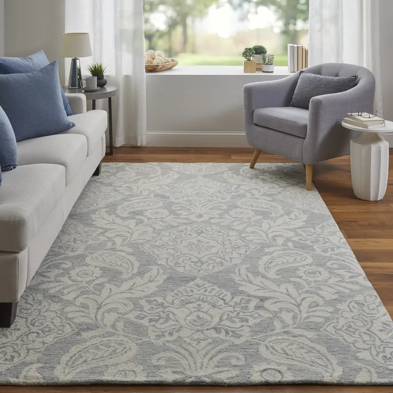 Blue And Ivory Wool Paisley Tufted Handmade Stain Resistant Area Rug Photo 2