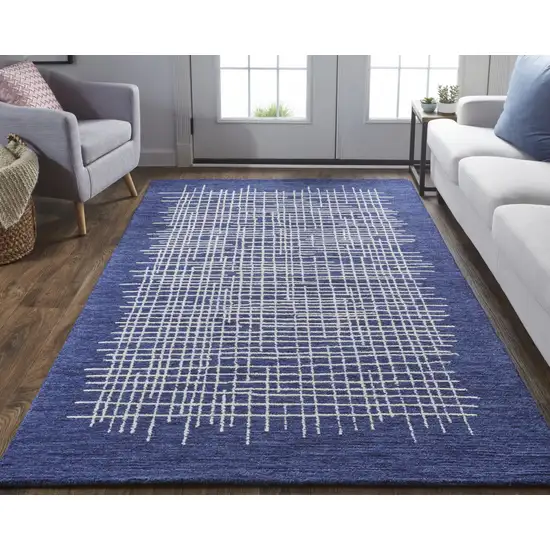 Blue And Ivory Wool Plaid Tufted Handmade Stain Resistant Area Rug Photo 6