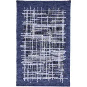 Photo of Blue And Ivory Wool Plaid Tufted Handmade Stain Resistant Area Rug