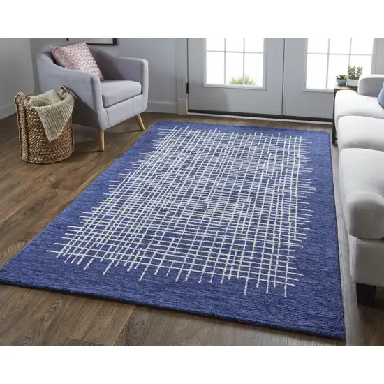 Blue And Ivory Wool Plaid Tufted Handmade Stain Resistant Area Rug Photo 5