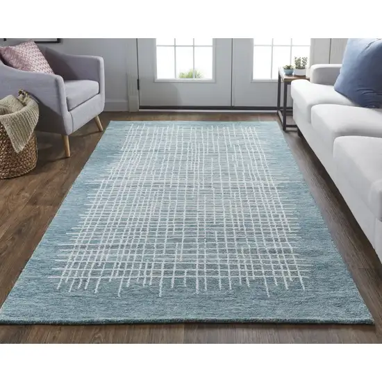 Blue And Ivory Wool Plaid Tufted Handmade Stain Resistant Area Rug Photo 5