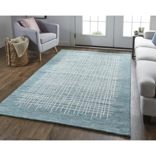 Blue And Ivory Wool Plaid Tufted Handmade Stain Resistant Area Rug Photo 6