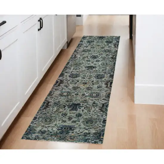 Blue Green Oriental Power Loom Runner Rug Photo 1