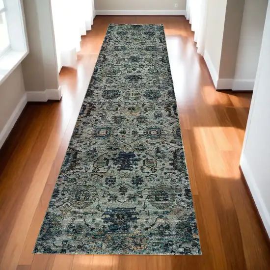 12' Runner Blue and Navy Oriental Power Loom Runner Rug Photo 1